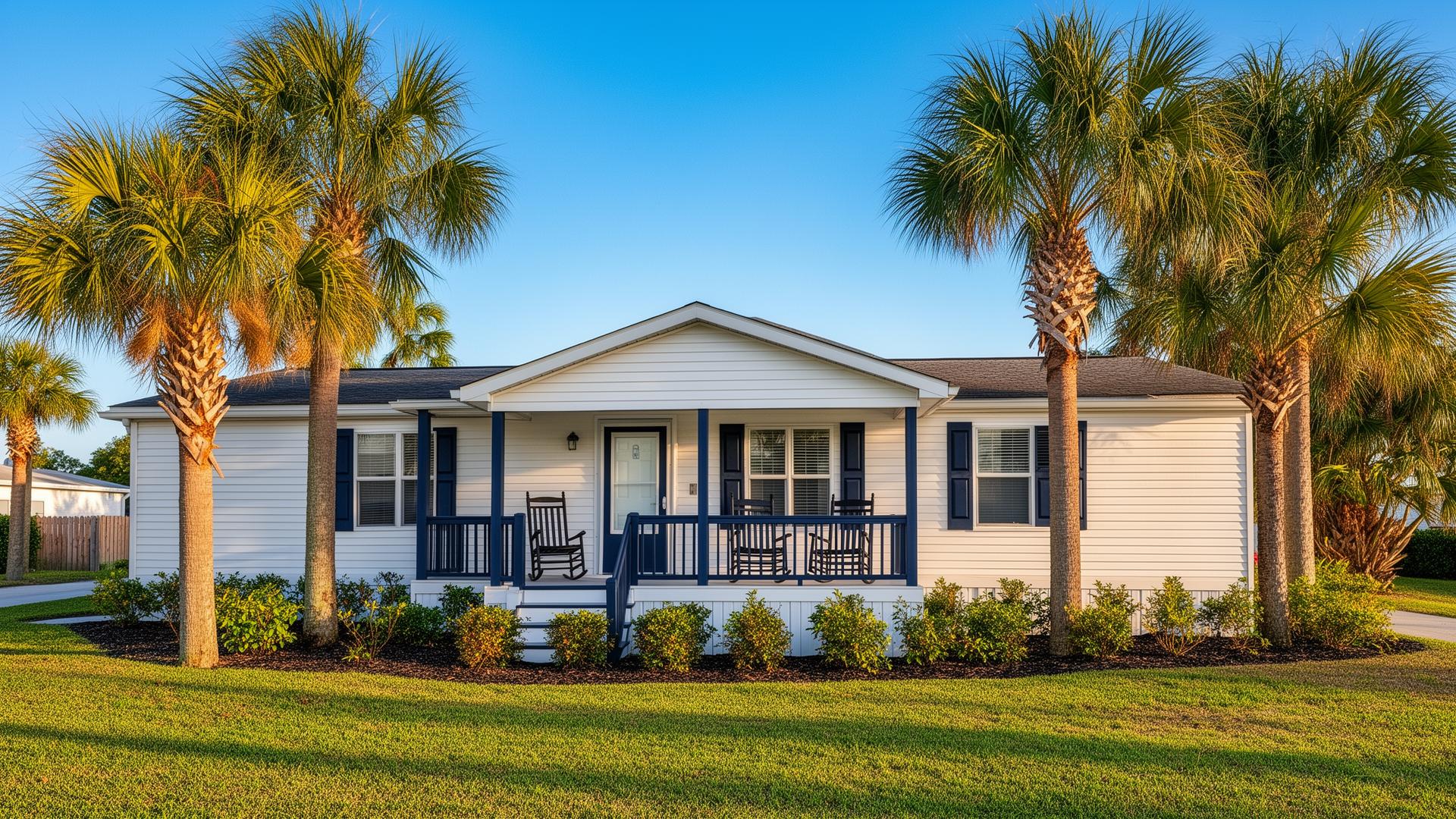 Florida mobile home with palm trees and front porch